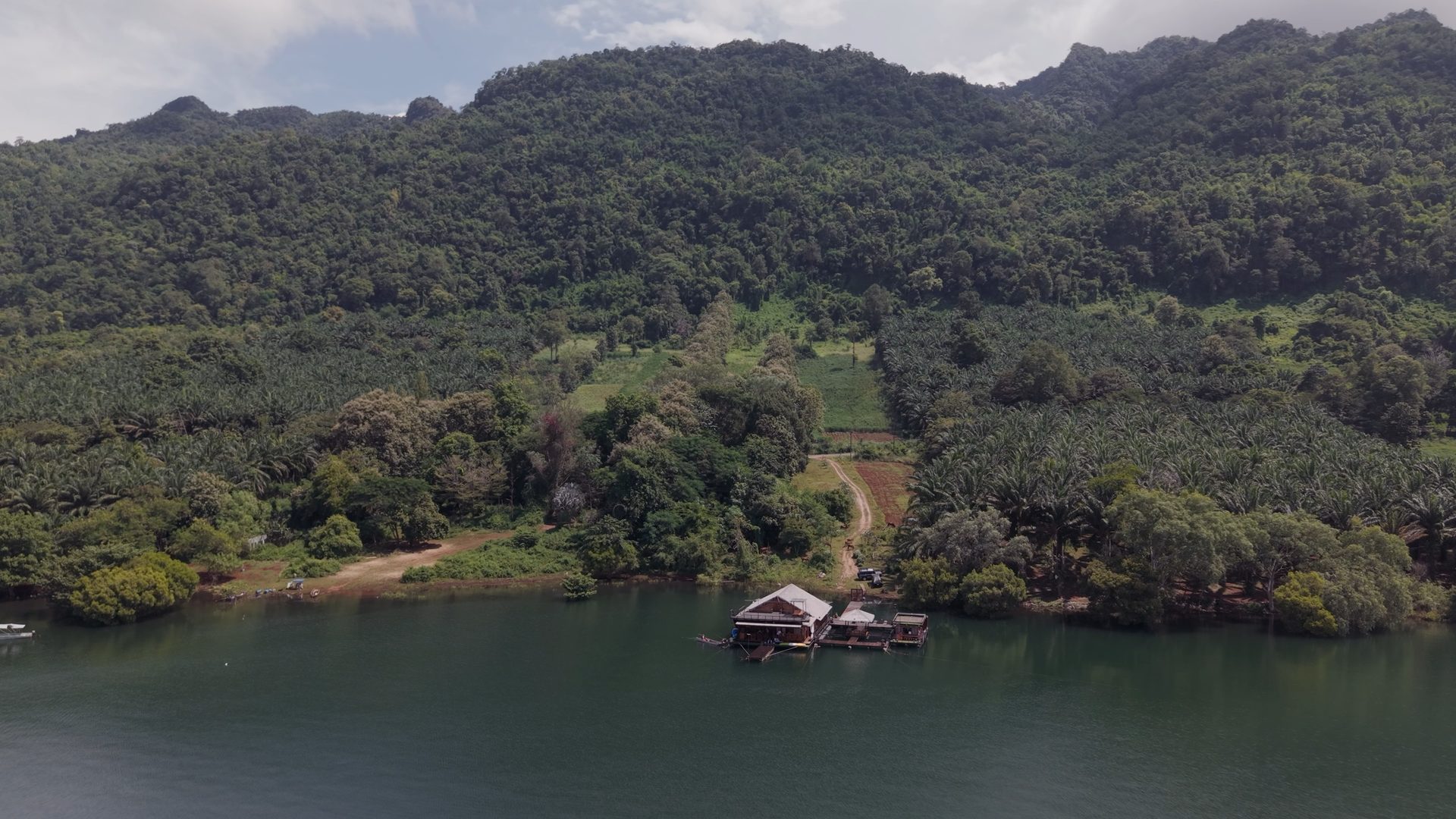 Aerial view of floating houses on Khao Laem lake