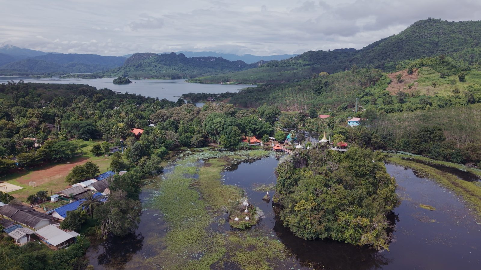 Aerial of Khao Laem lake and village